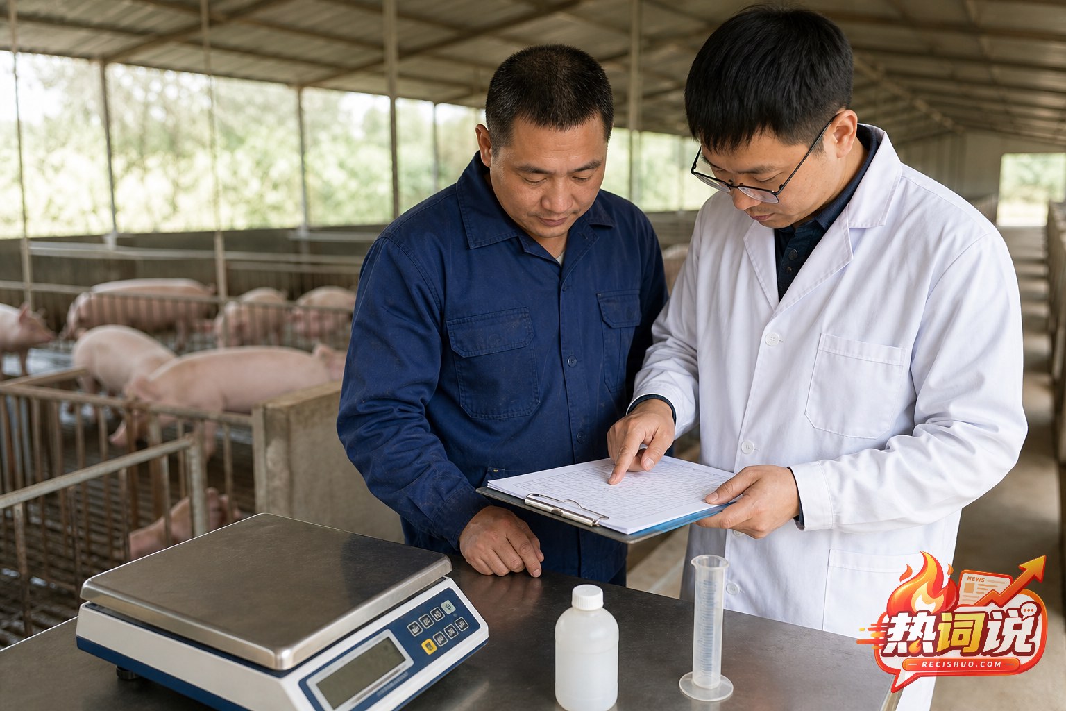 养殖户与兽医在猪舍旁核对用药剂量和治疗记录