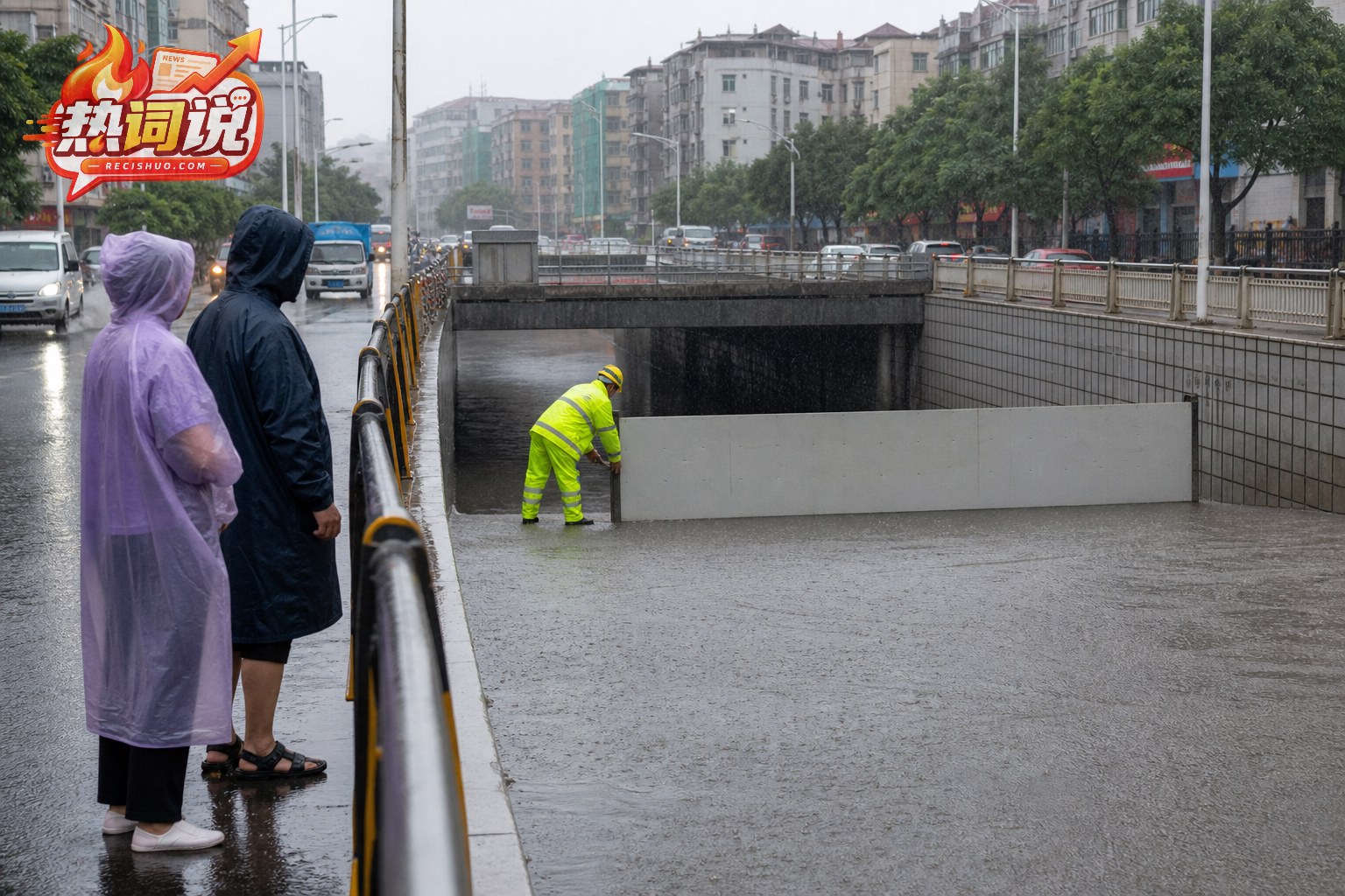 暴雨中市民避开积水下穿通道并等待安全通行
