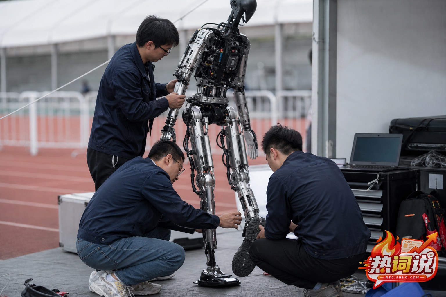 工程师在赛后维修区检查人形机器人的腿部关节和足底