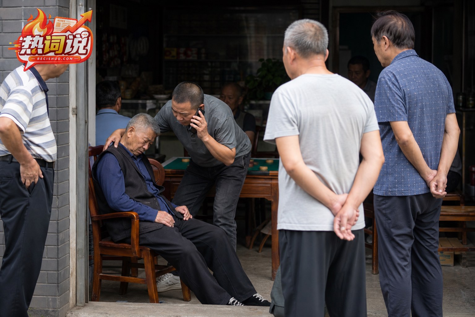 社区棋牌店门口店主帮助身体不适老人并拨打求助电话的纪实场景
