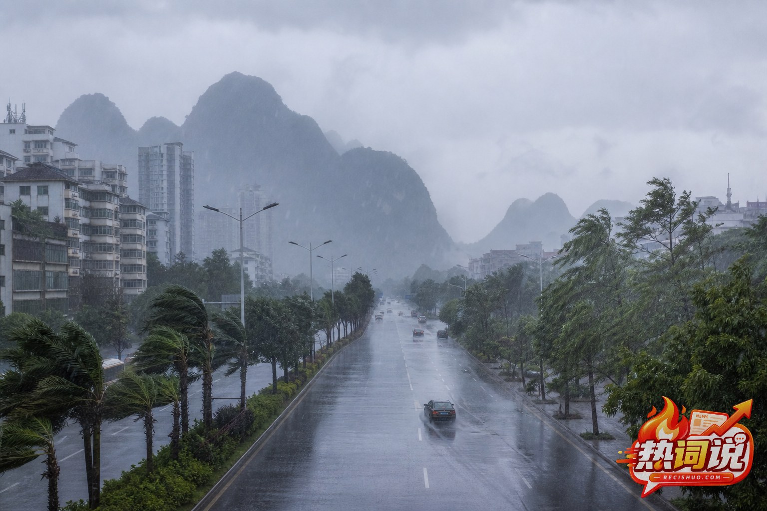 台风暴雨中的广西城市道路与远处喀斯特山峦