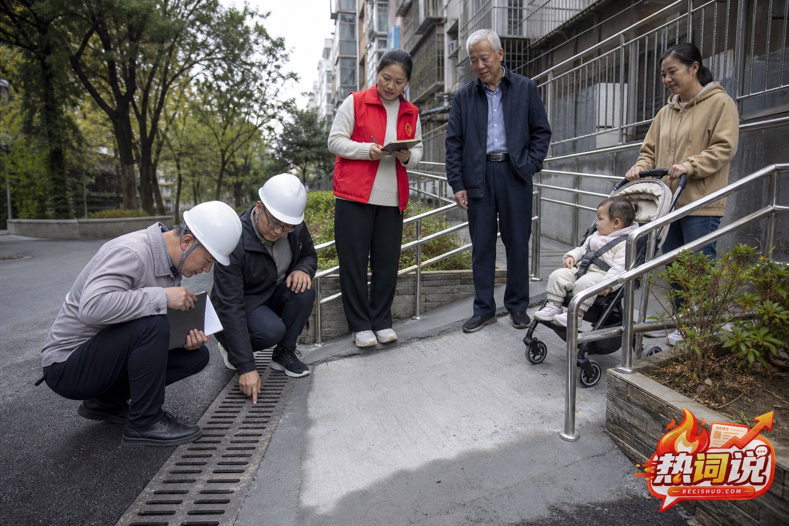 工作人员与居民共同检查社区无障碍坡道和排水设施