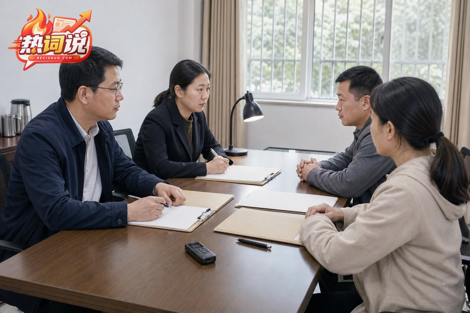 有关人员在会议室核查事实并听取当事人陈述的场景