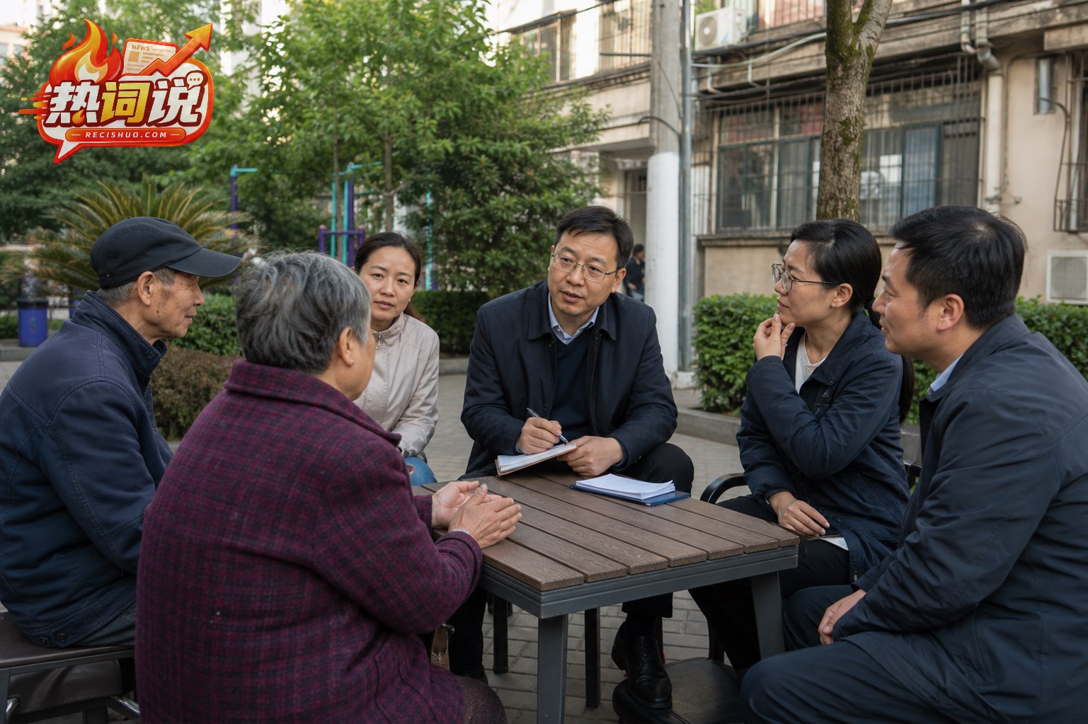 基层工作人员在社区院落与居民围坐交流并认真记录意见