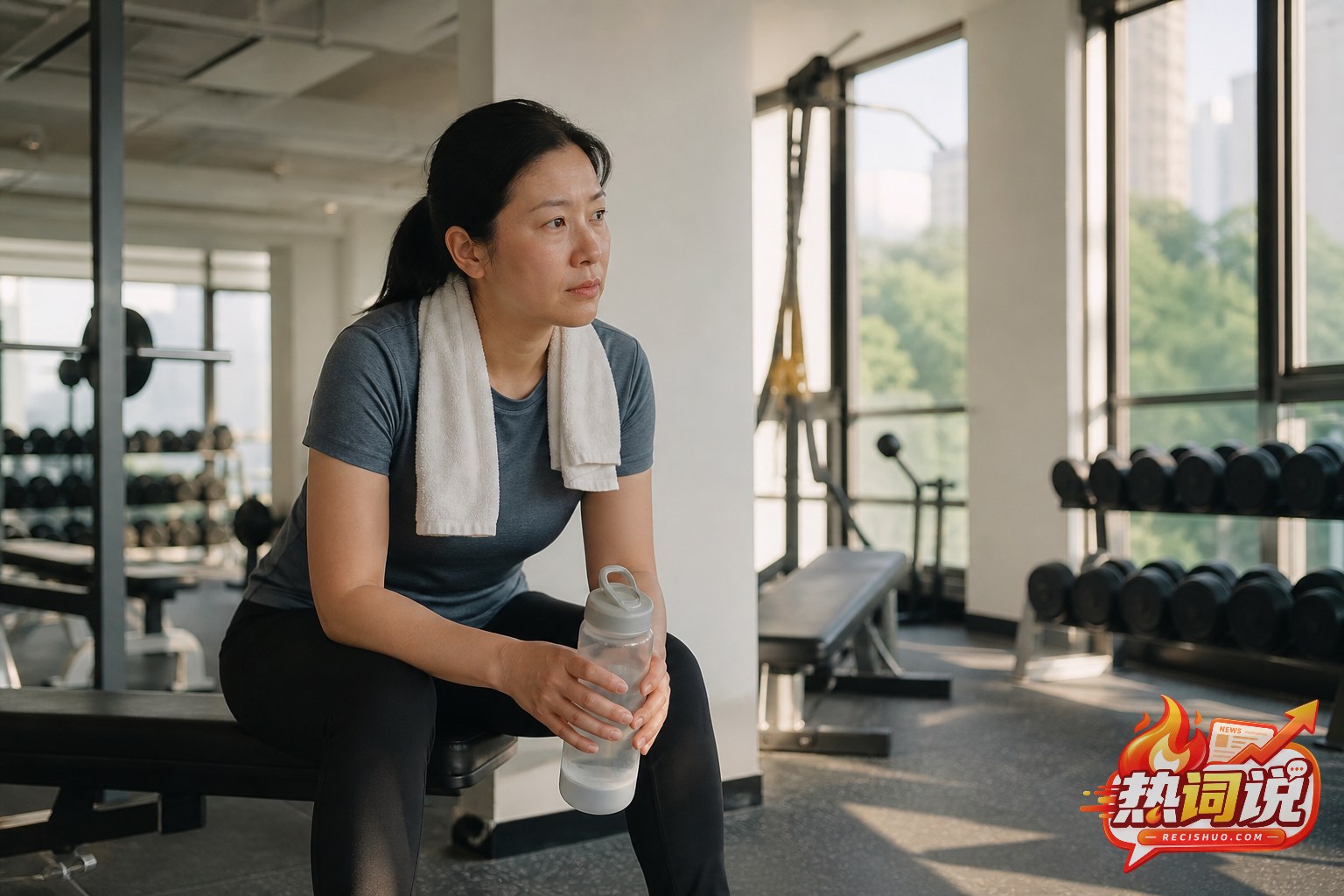 普通女性在晨光中的社区健身房完成力量训练后坐下休息