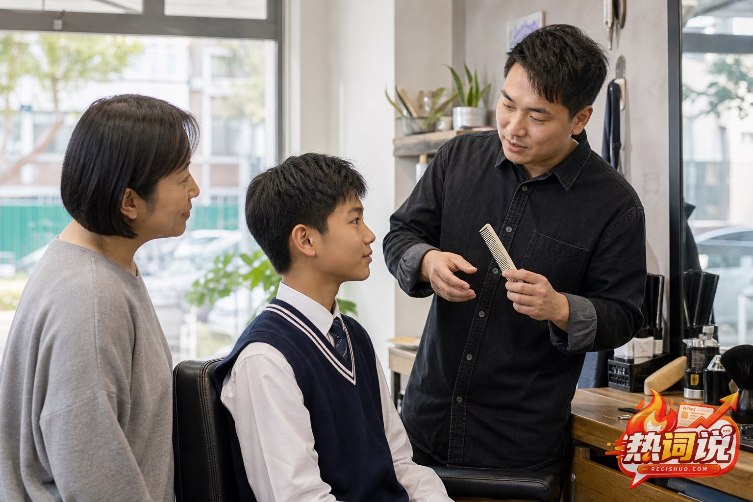 理发店内学生与家长听理发师讲解合适的发型方案