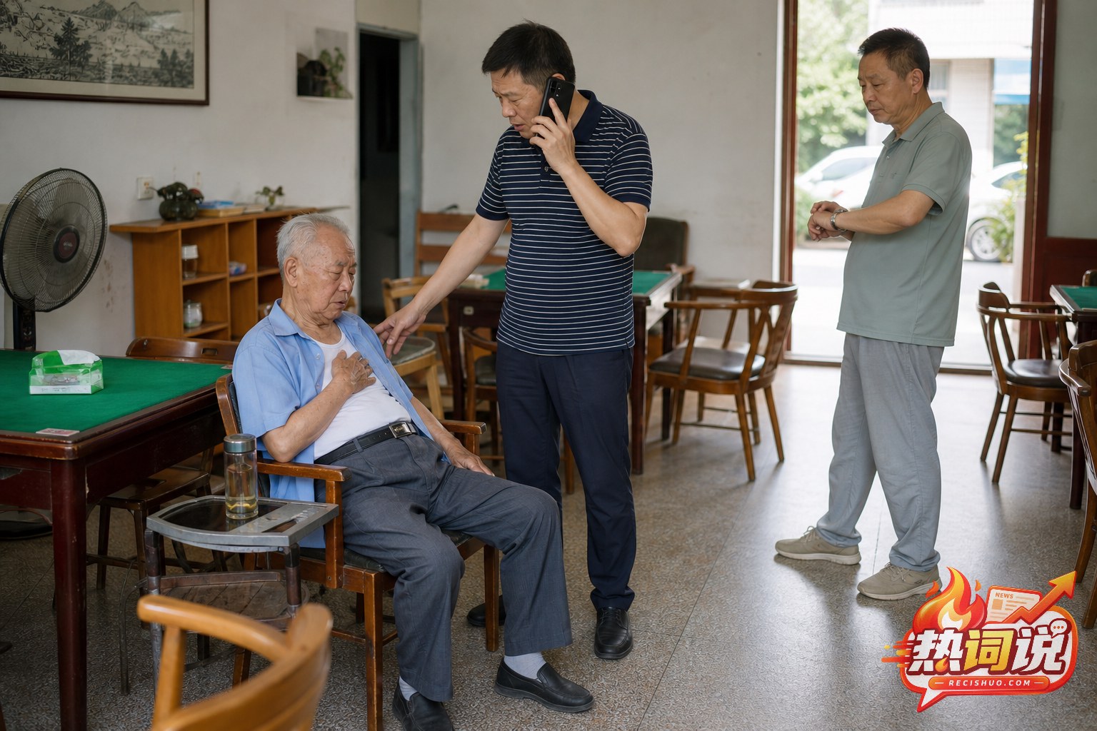 棋牌店内店主呼叫急救并由旁人记录时间的紧急救助场景