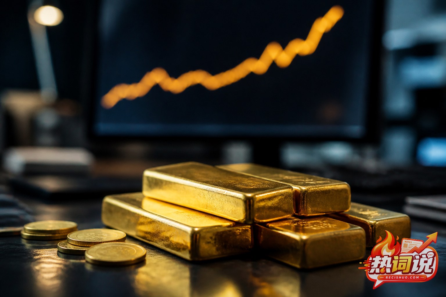 国际金价上涨背景下,交易屏幕前摆放着投资金条与金币