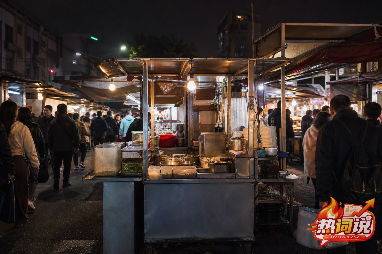 客流密集的城市夜市中,一处设备齐全的小型餐饮摊位亮灯营业