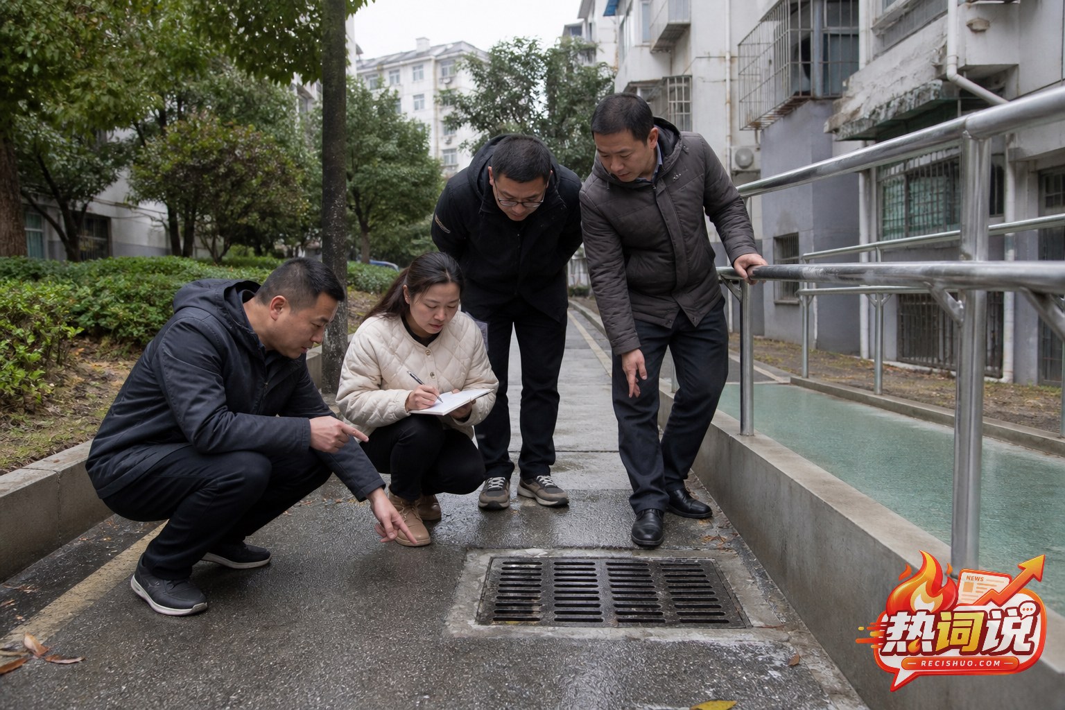 基层工作人员与居民代表在老旧小区现场查看排水和无障碍设施