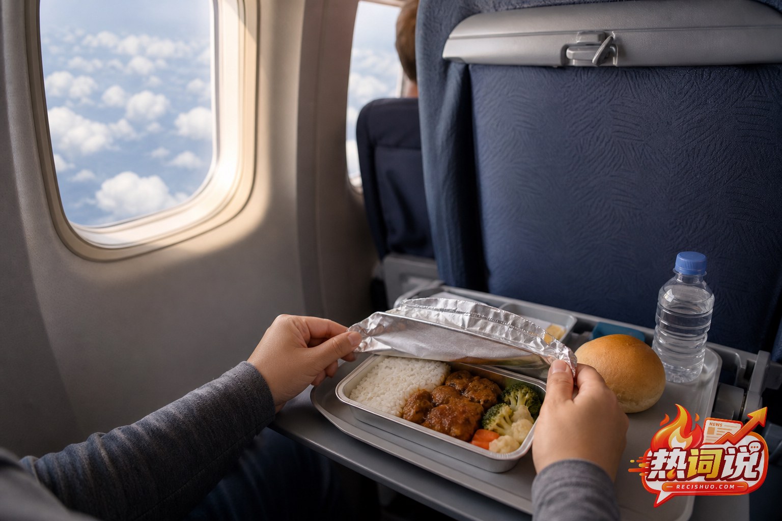 客机经济舱乘客在高空打开米饭与热菜飞机餐