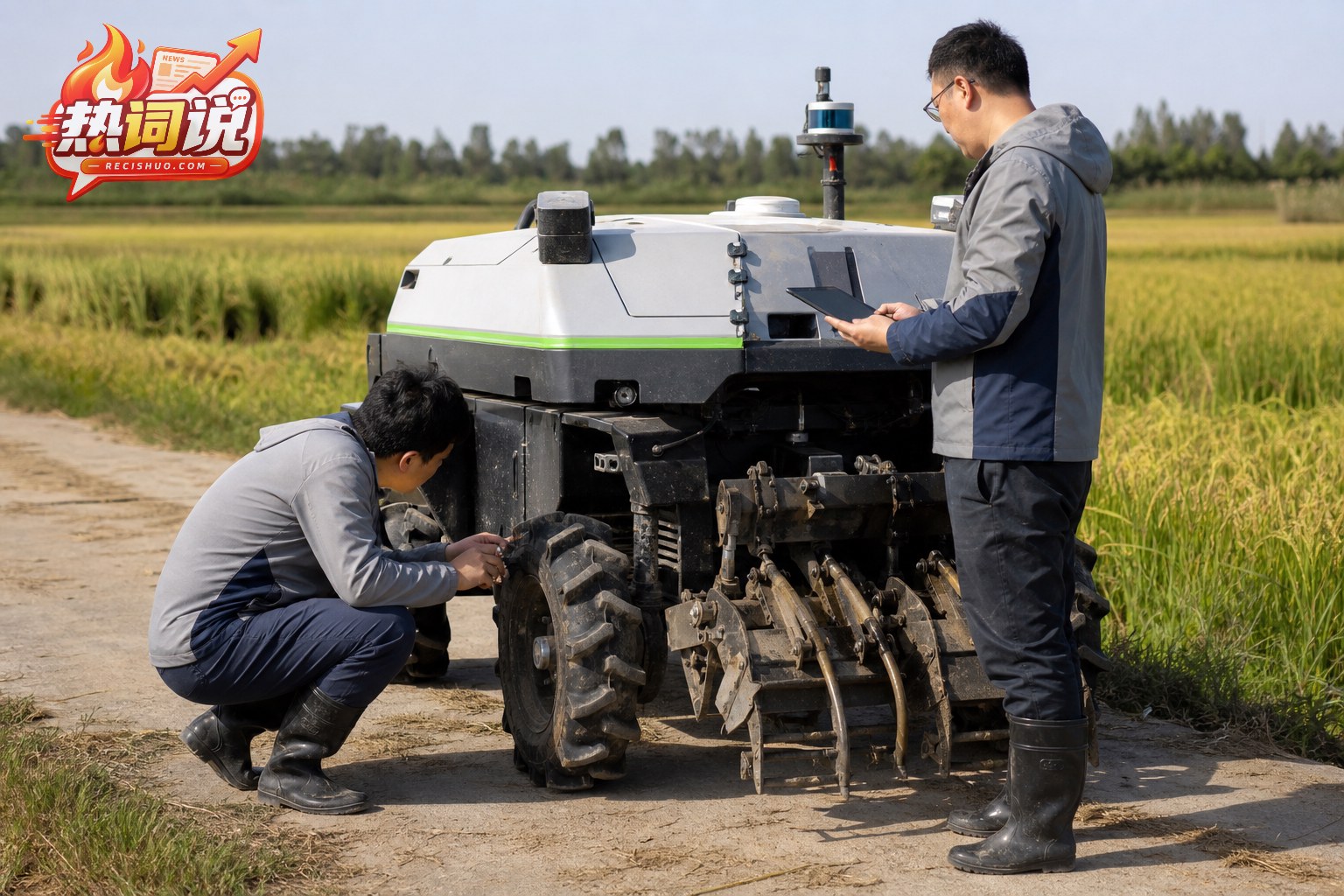 农业技术人员在田边检查智能作业机器人的传感器和作业机具