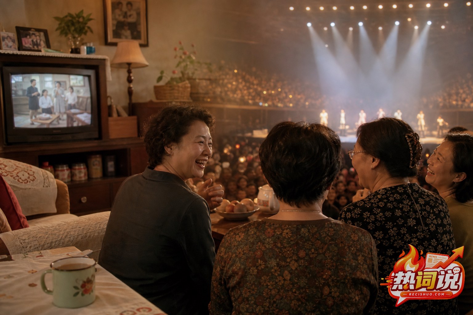 九十年代家庭情景喜剧与现代演唱会重逢场景交织的怀旧画面