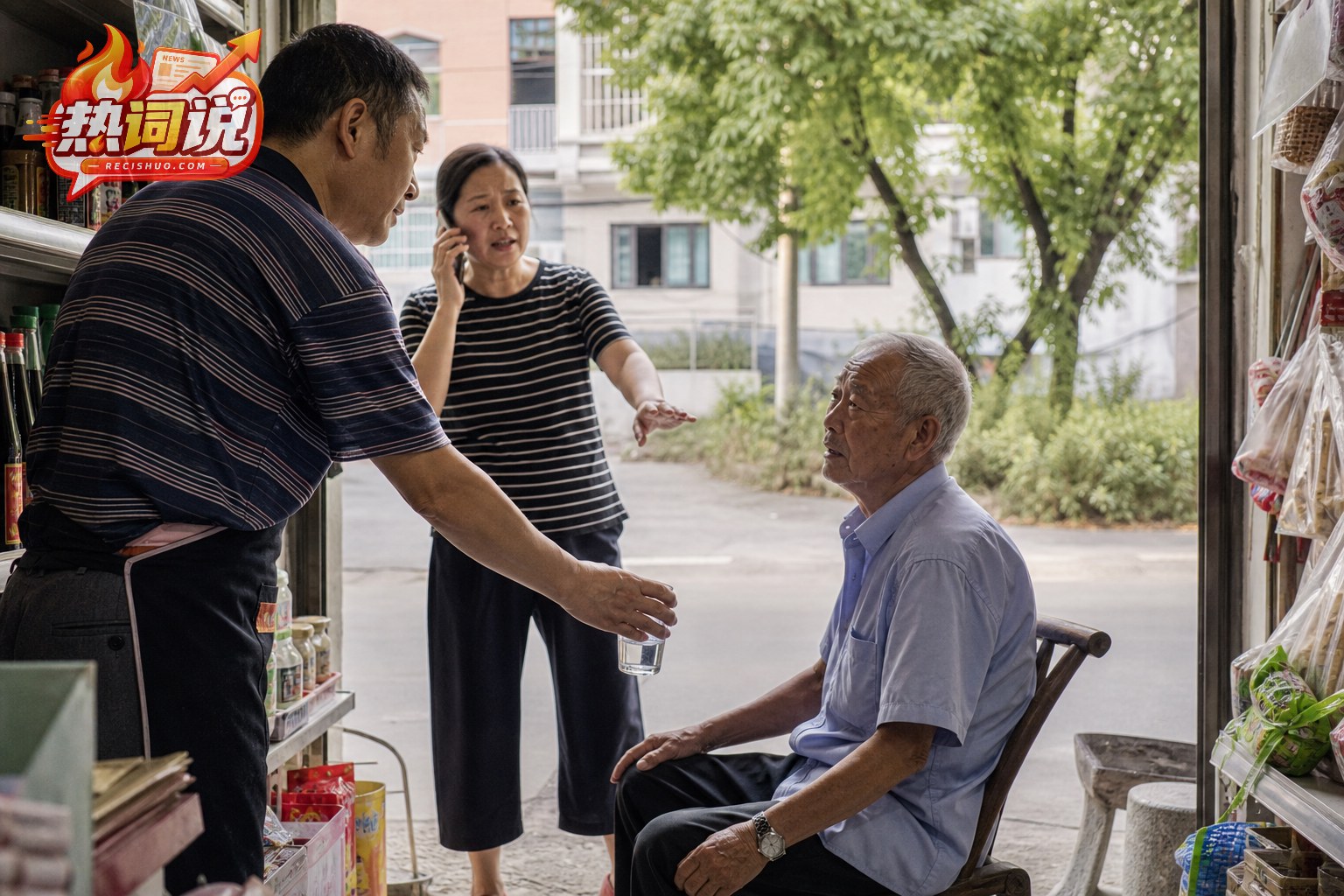 社区商店内,店主为身体不适的老人递水并由旁人联系救援的纪实场景