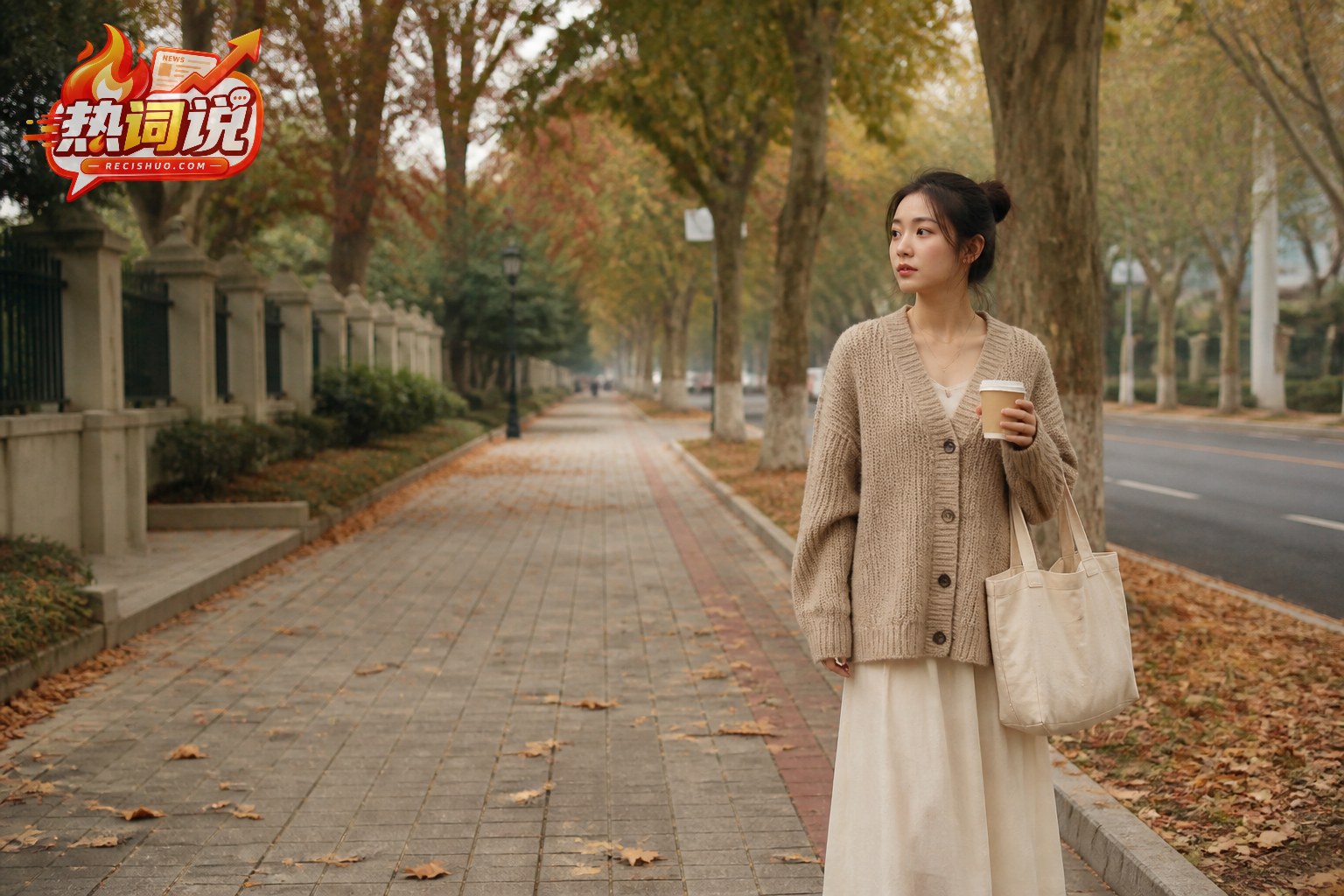 身穿燕麦色针织开衫与米白长裙的女生走在初秋林荫道上