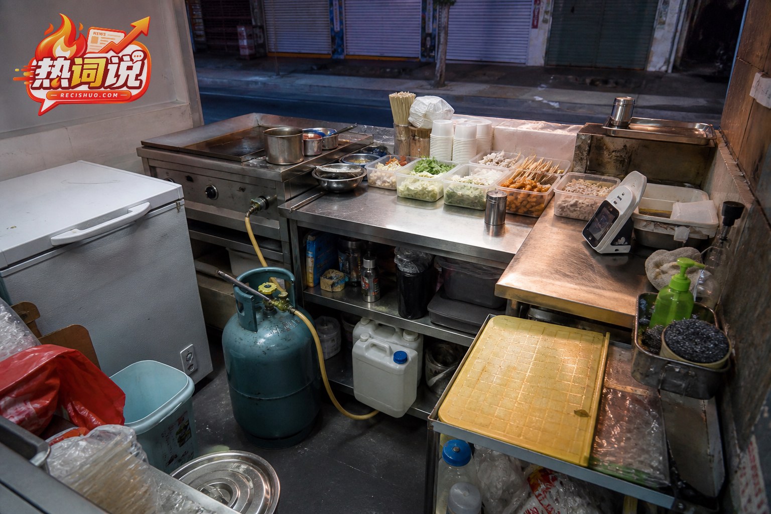 夜市经营者在摊位旁用计算器核算成本并观察通道客流