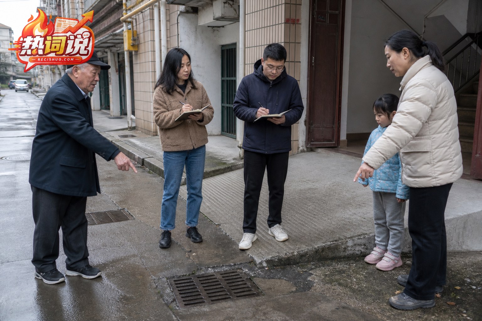 基层工作人员走进居民区查看排水和无障碍通行问题