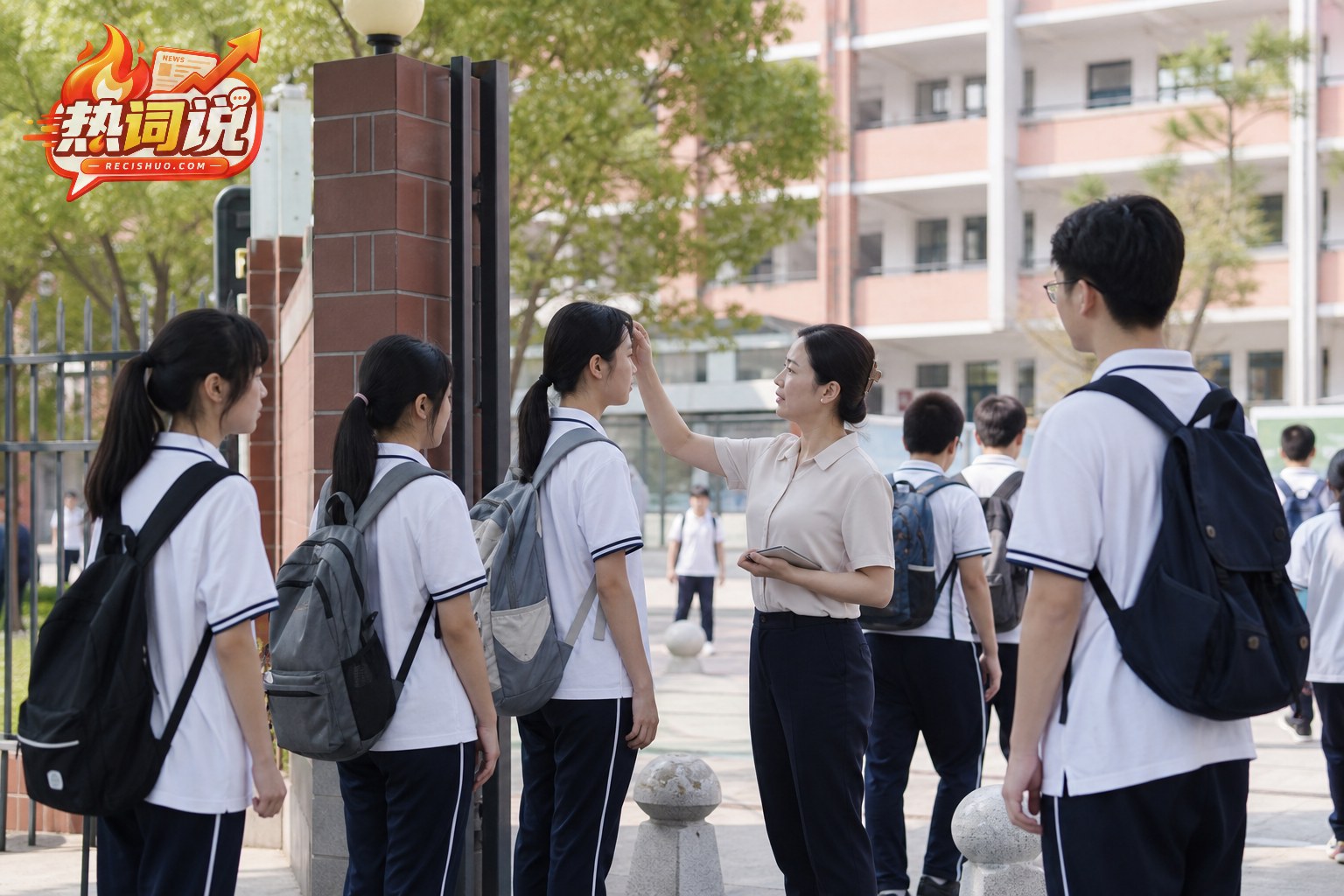 开学日上午中学校门口教师有序检查学生仪容