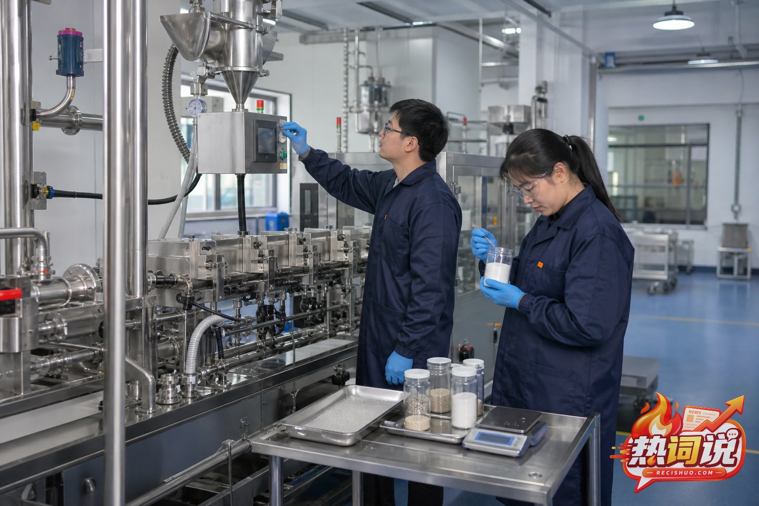 工程技术人员在中试车间检查设备参数并开展样品验证