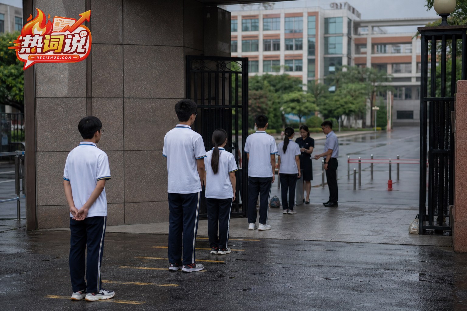 开学季中学生在校园门口排队接受入校检查的新闻配图