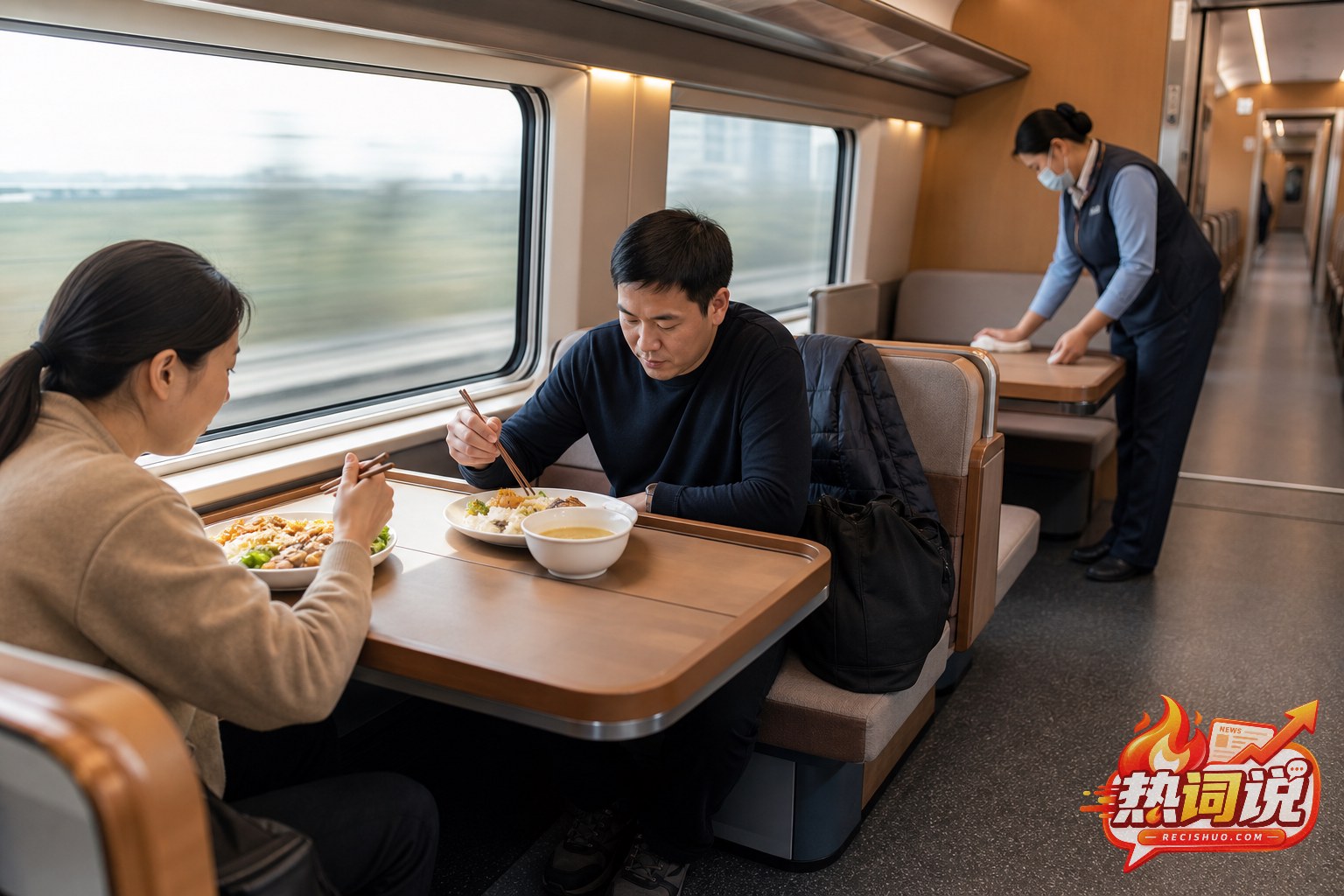 乘客在行驶中的列车餐车安全用餐