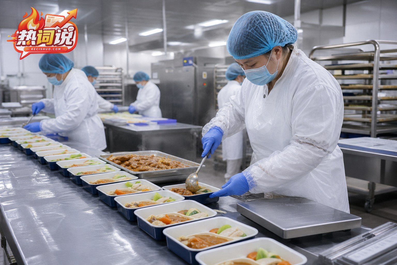航空配餐中心工作人员在洁净操作区分装标准化餐食
