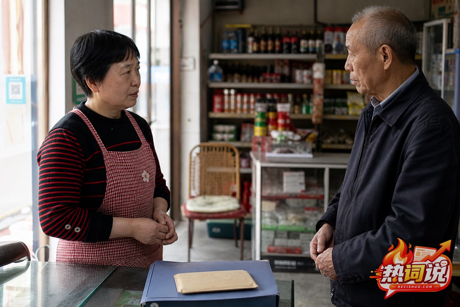 社区店铺内以文件夹和信封象征人道帮扶款返还的纪实场景