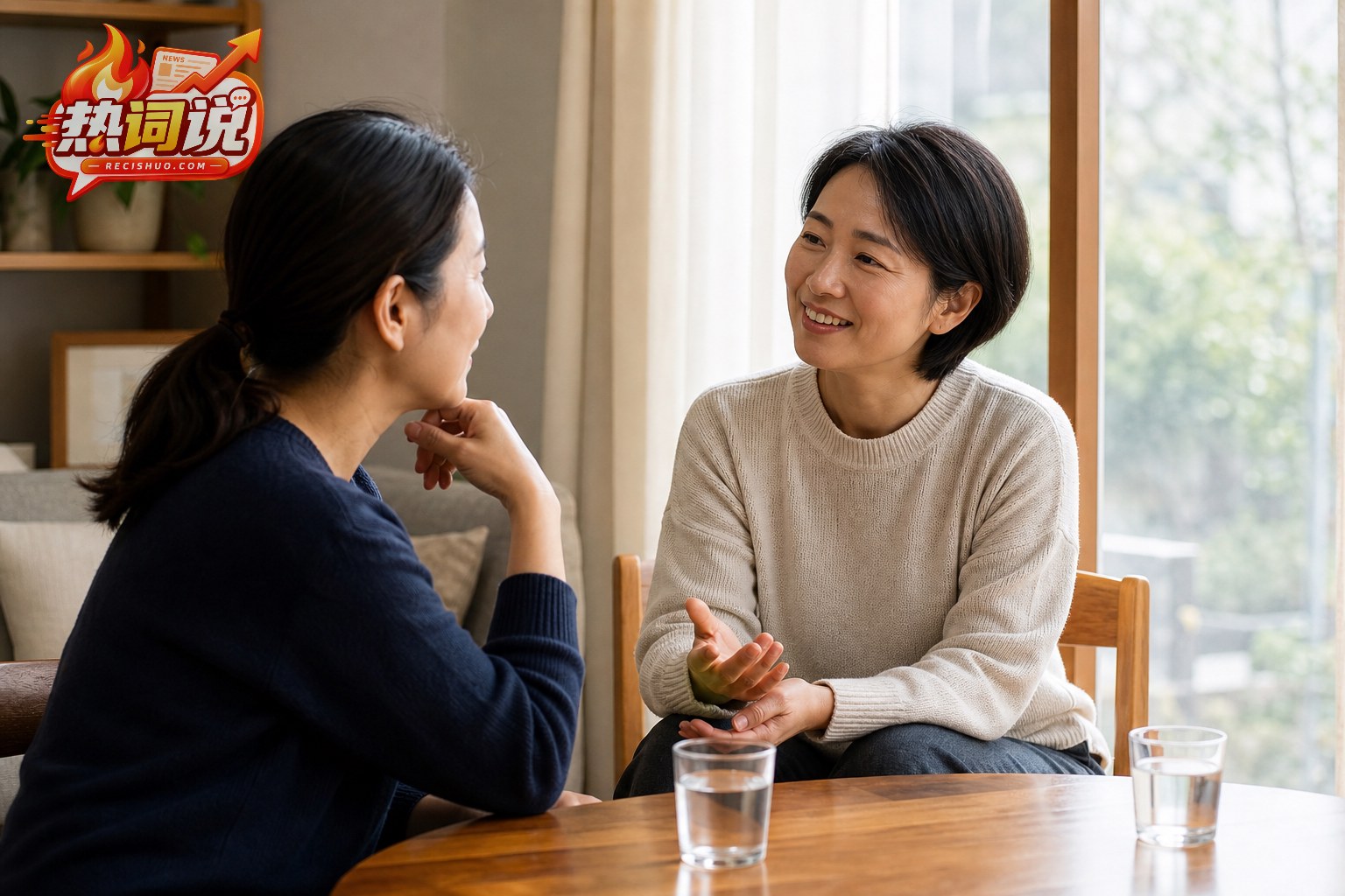 两名成年朋友在窗边客厅认真倾听并轻松交谈