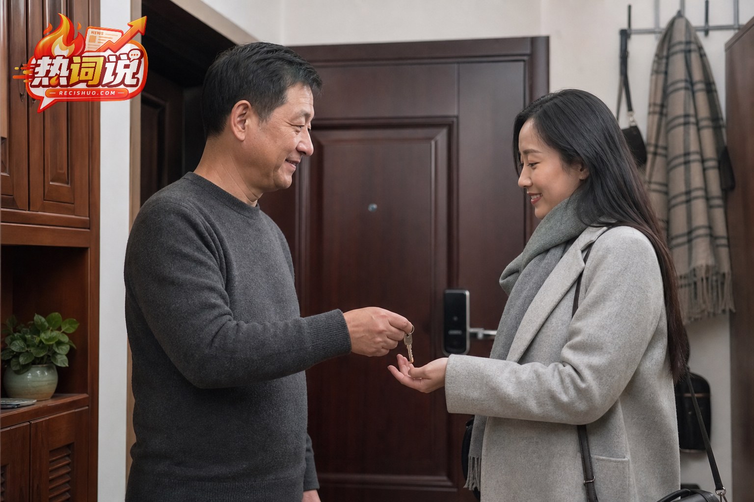 父亲在家中玄关把房门钥匙交给已经成年的女儿