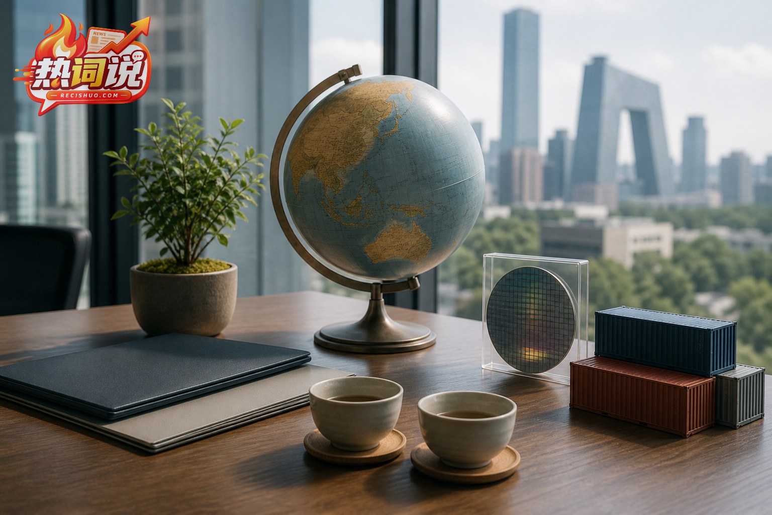 以地球仪、芯片晶圆、集装箱和茶杯呈现中美经贸科技议题的编辑配图