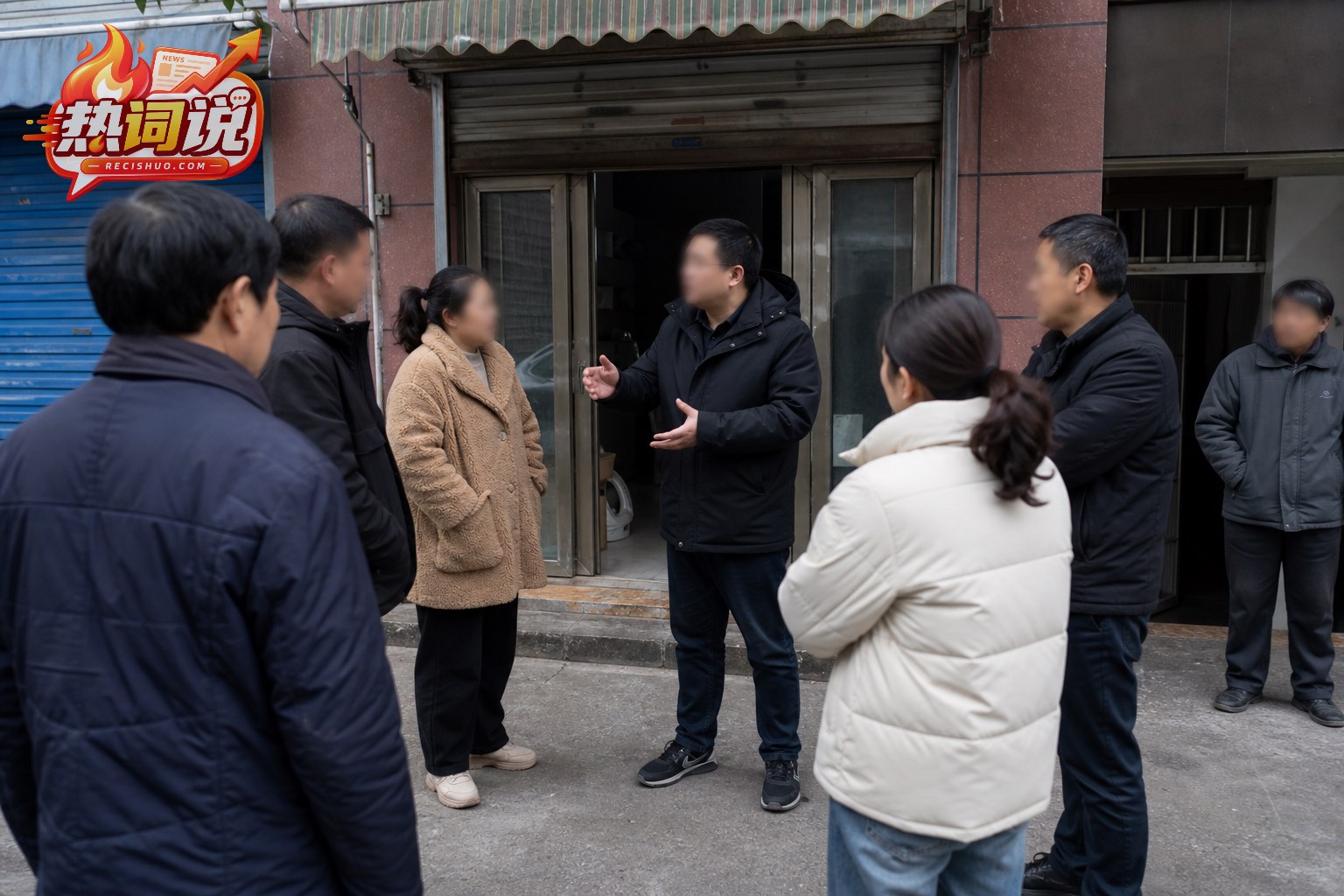 社区人员在临街店铺门前就突发事件进行克制沟通的纪实场景
