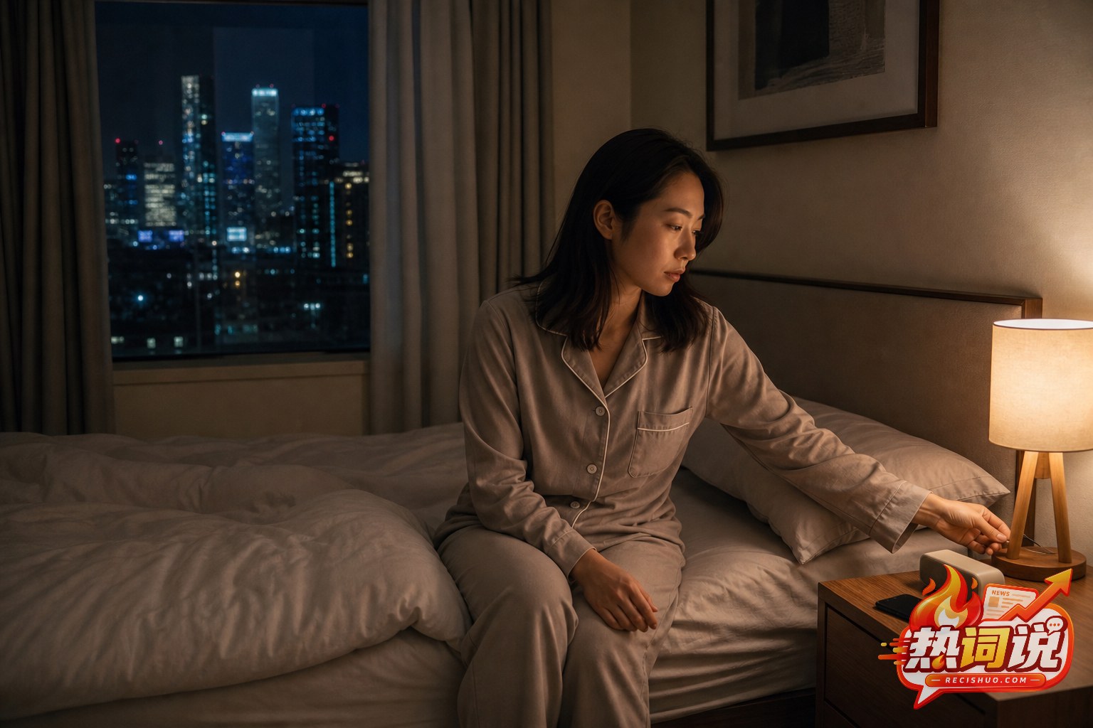 夜晚卧室中一名准备关灯入睡的女性