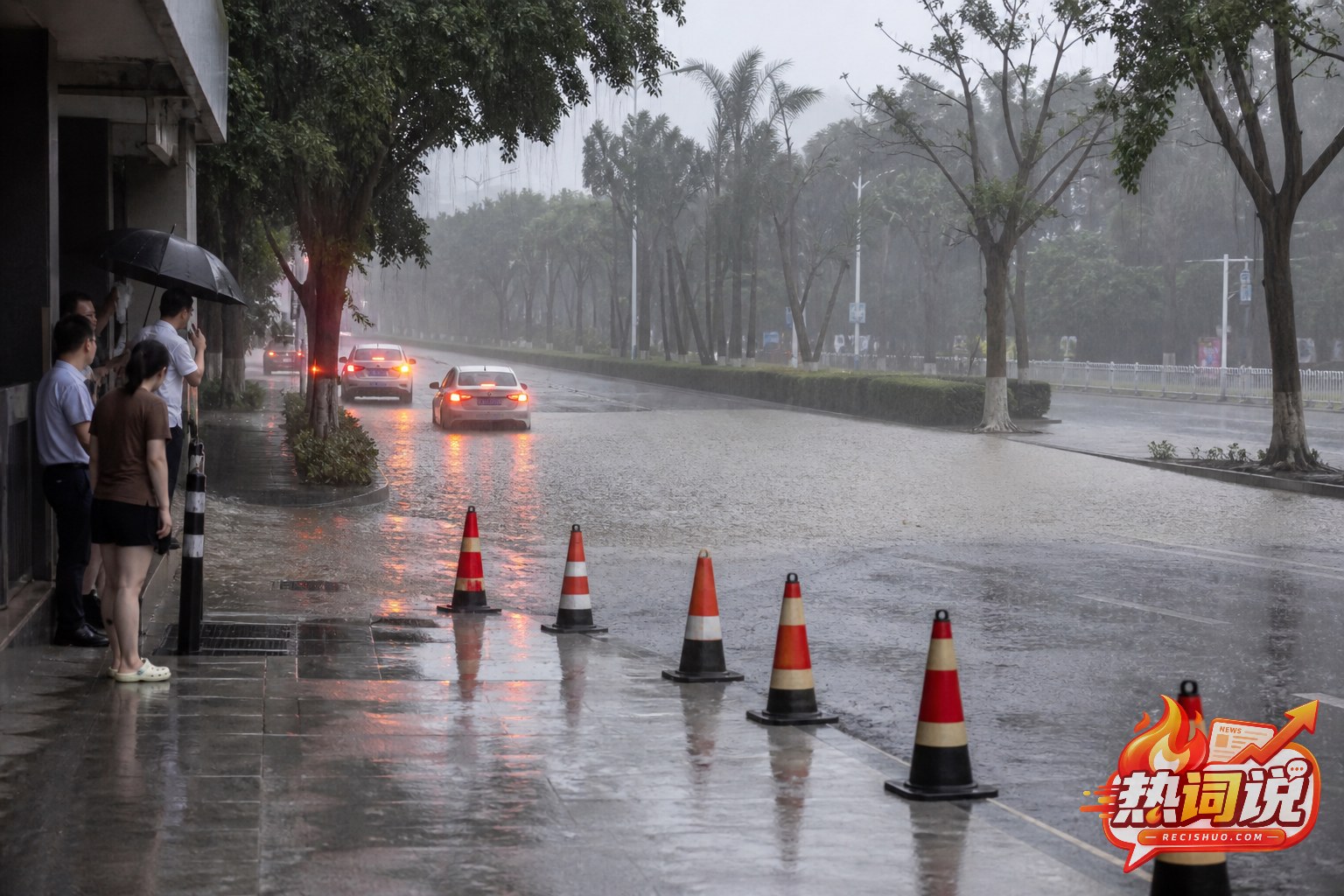 暴雨导致城市道路积水,车辆停止通行而行人在安全区域避雨