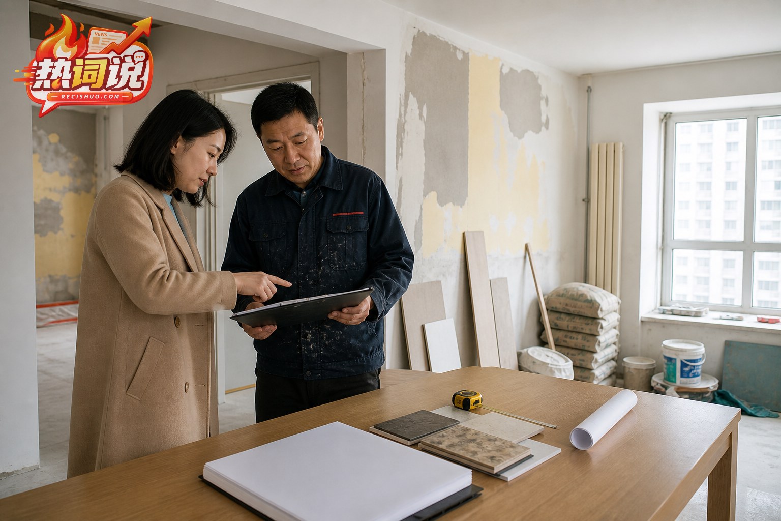 房主在自住住房装修现场与施工人员核对项目资料