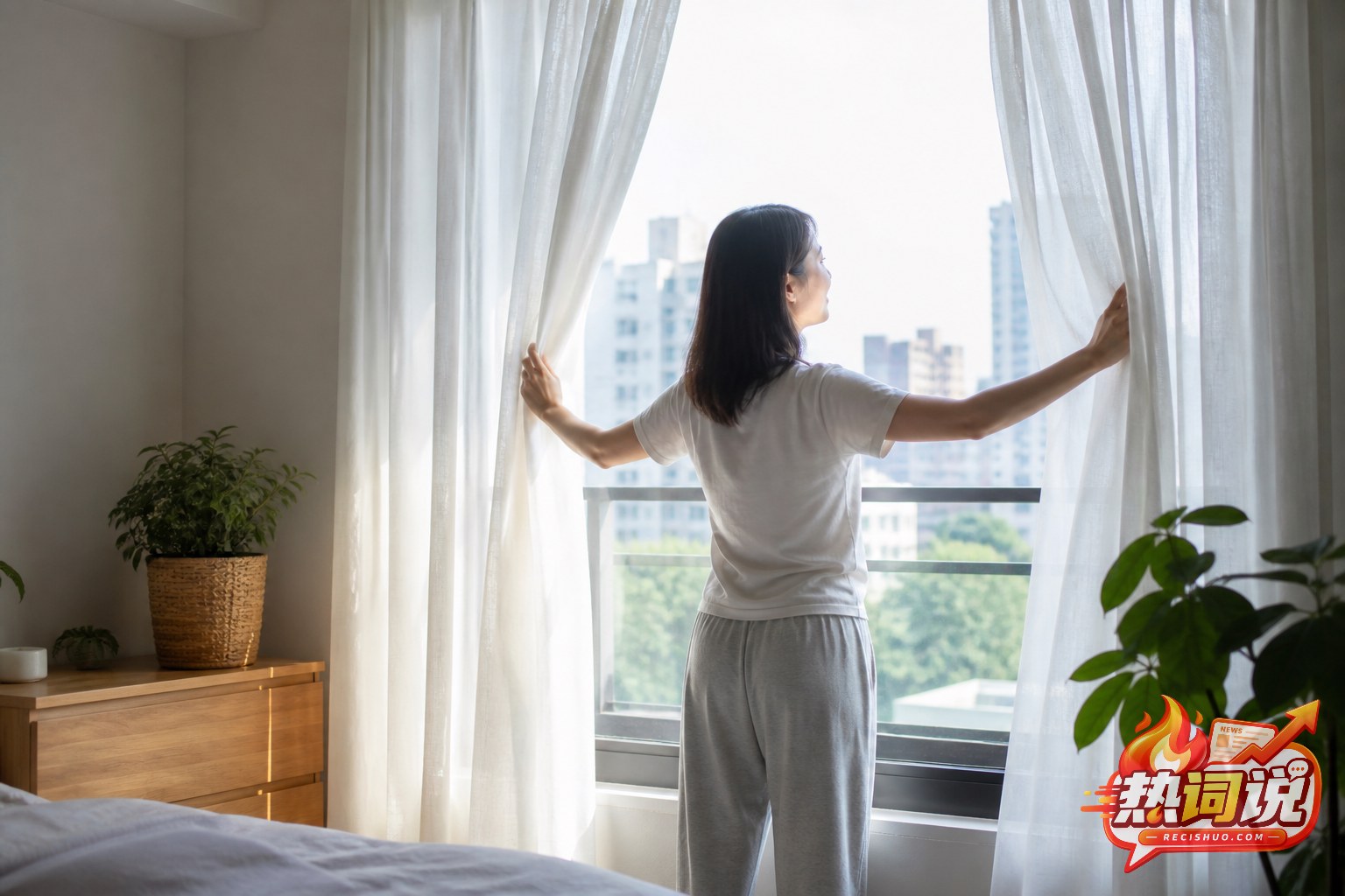 清晨起床后拉开窗帘接触自然光的女性