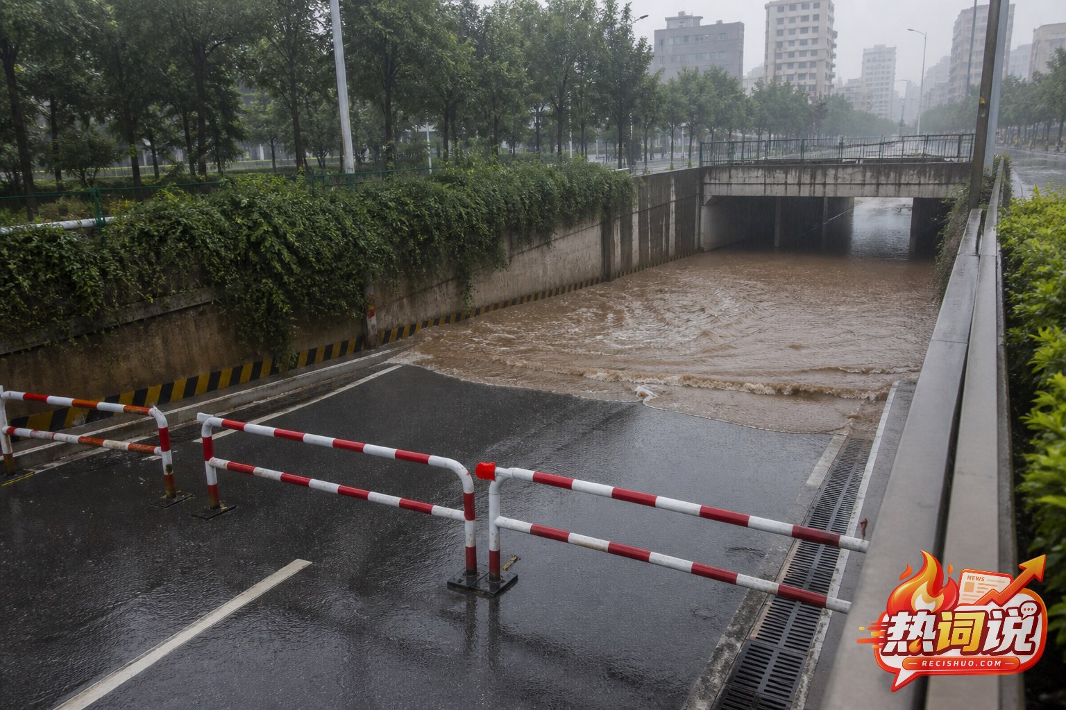 暴雨积水涌入城市下穿通道且入口已被护栏封闭