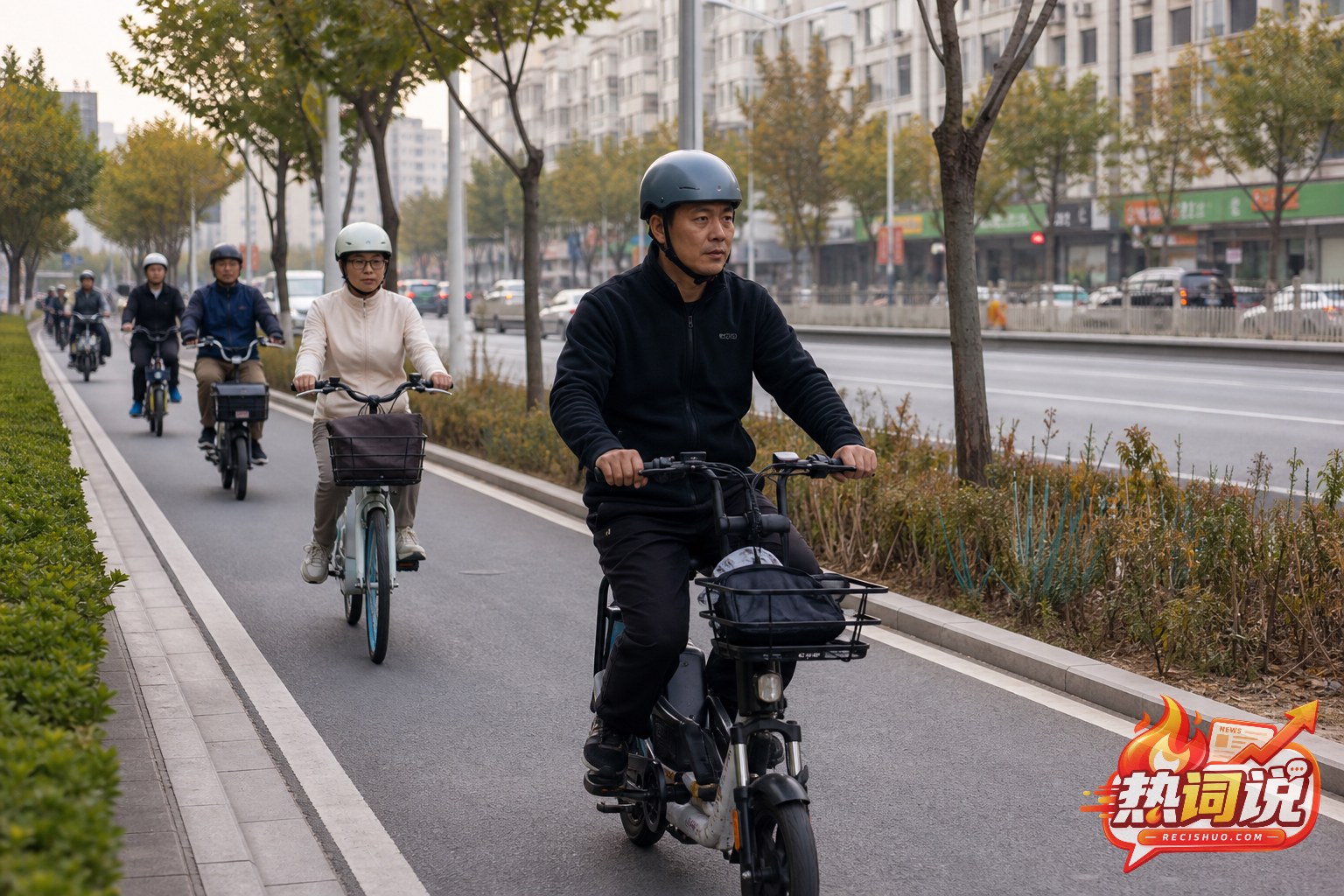 城市非机动车道内多名佩戴头盔的电动自行车骑行者有序通行