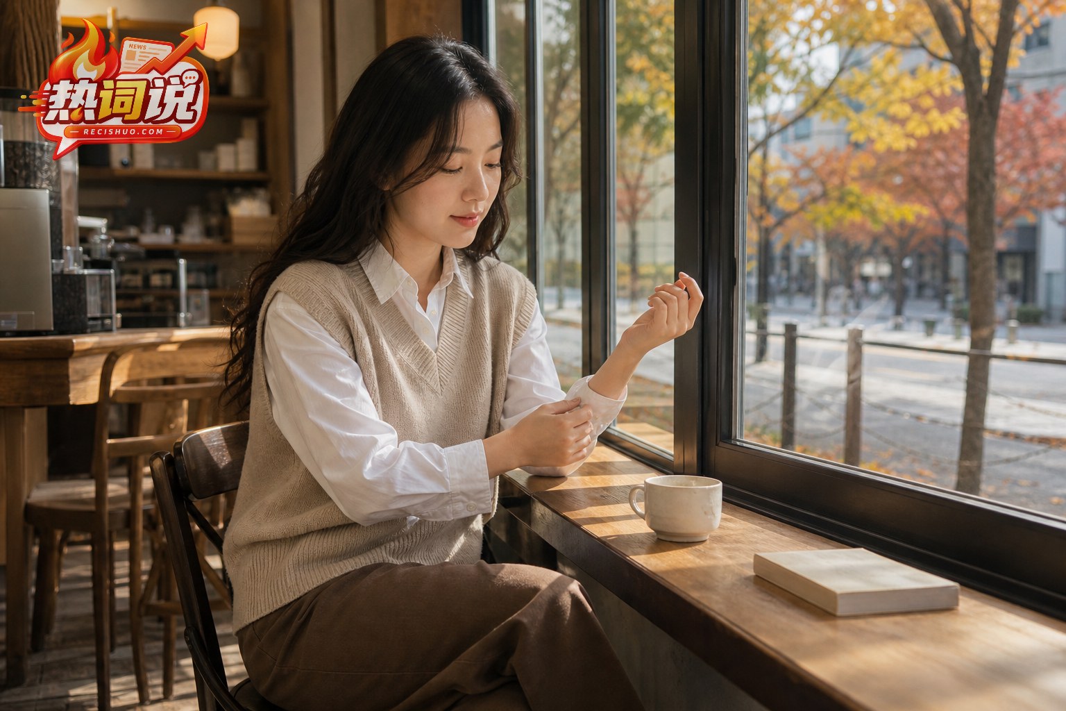 女生穿燕麦色针织背心叠搭白衬衫坐在秋日咖啡馆窗边