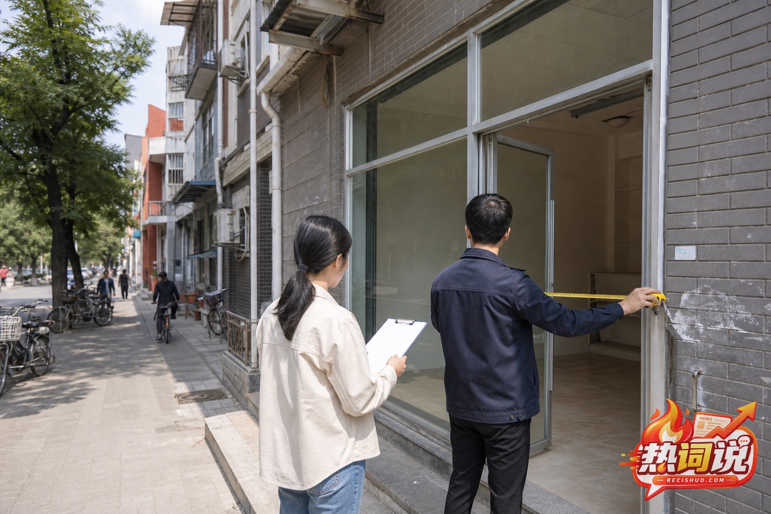 两名经营者在居民区沿街商铺前测量门店尺寸