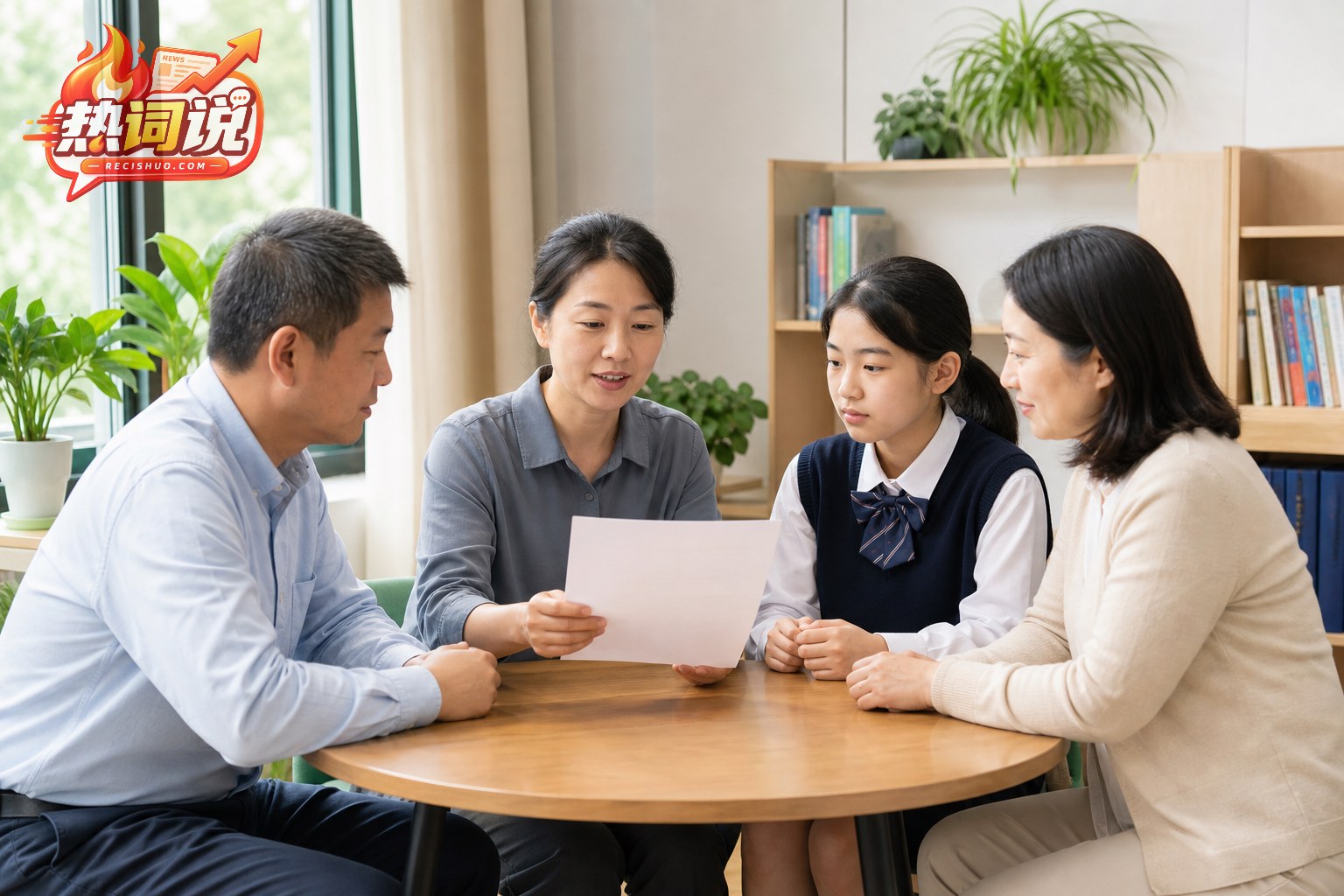 教师与学生及家长围坐沟通校园仪容管理规则