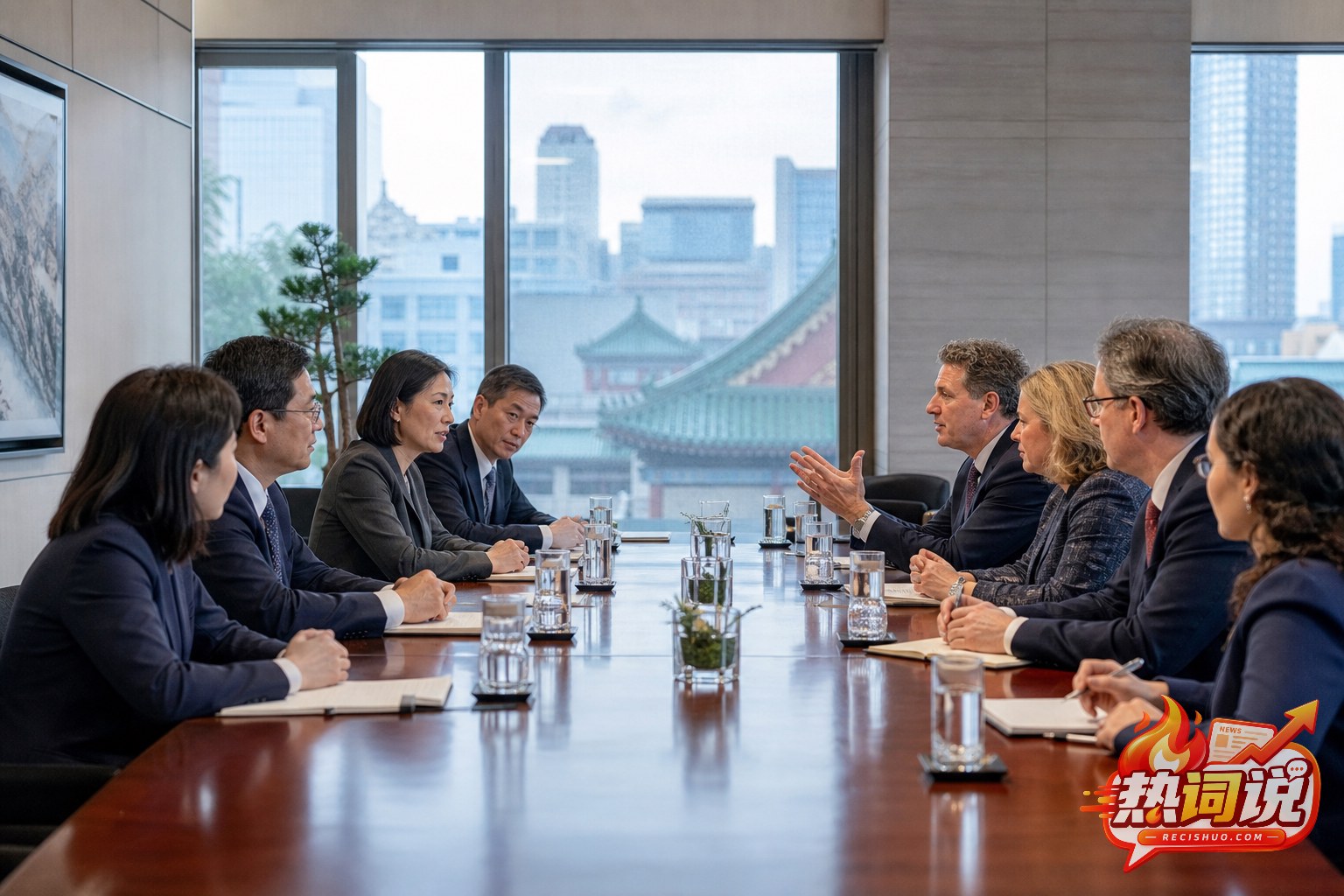 北京现代会议室内中美政策界代表隔桌交流的新闻场景
