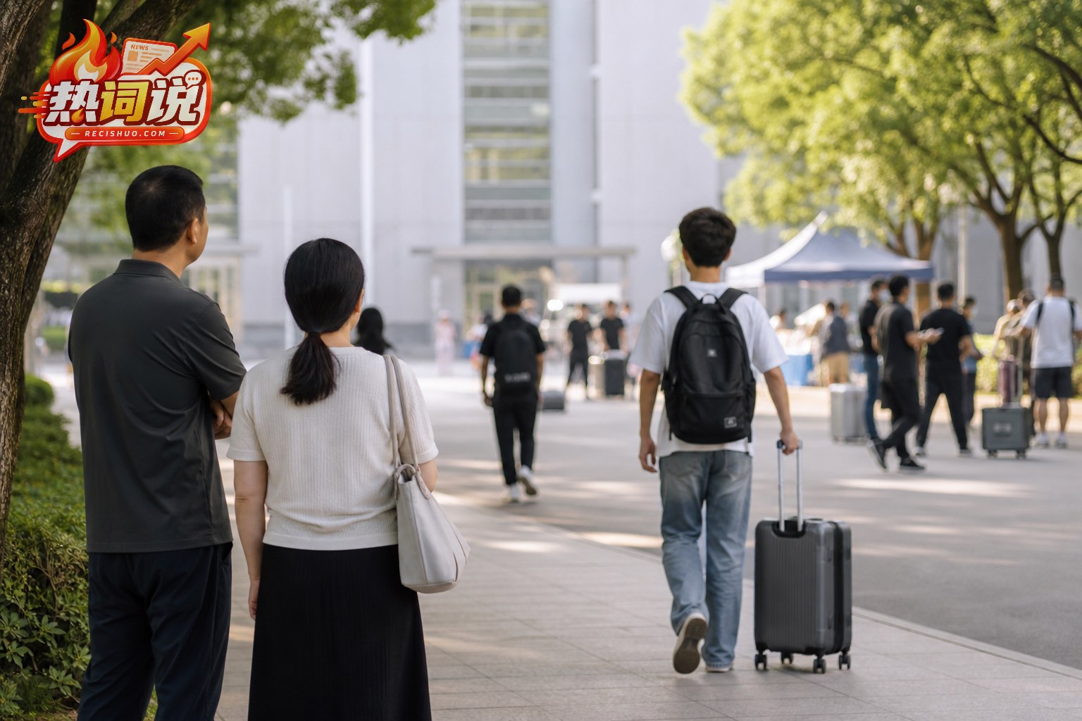 大学新生独自走进校园,父母在树荫下温和目送