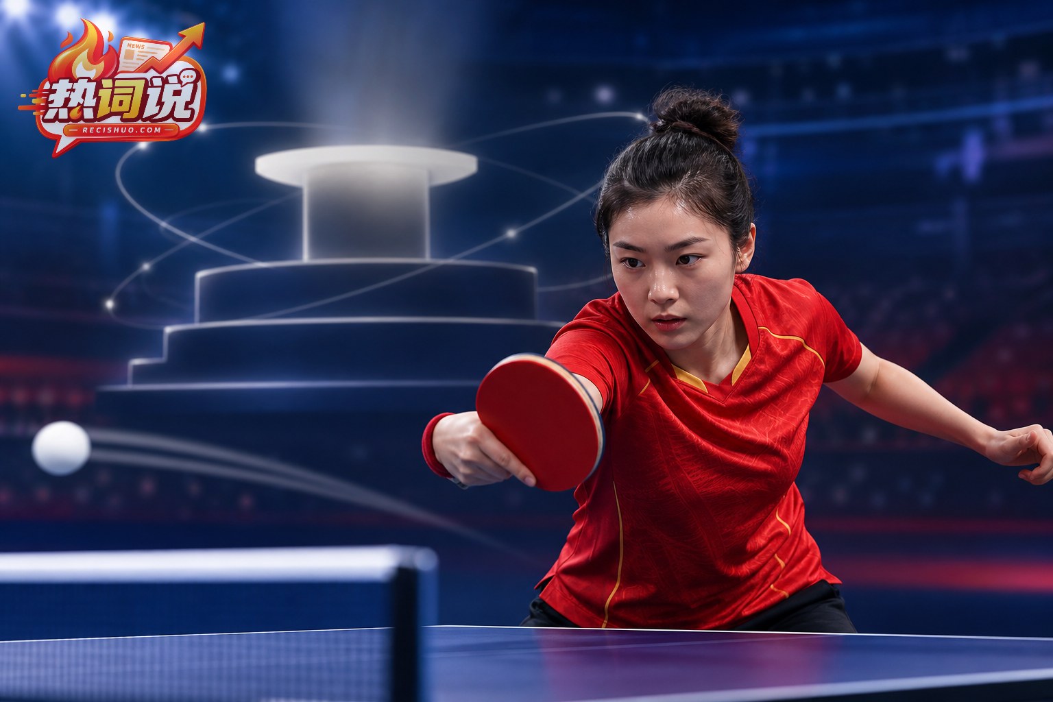 女子乒乓球运动员在训练馆连续进行步法与击球练习的原创编辑插画