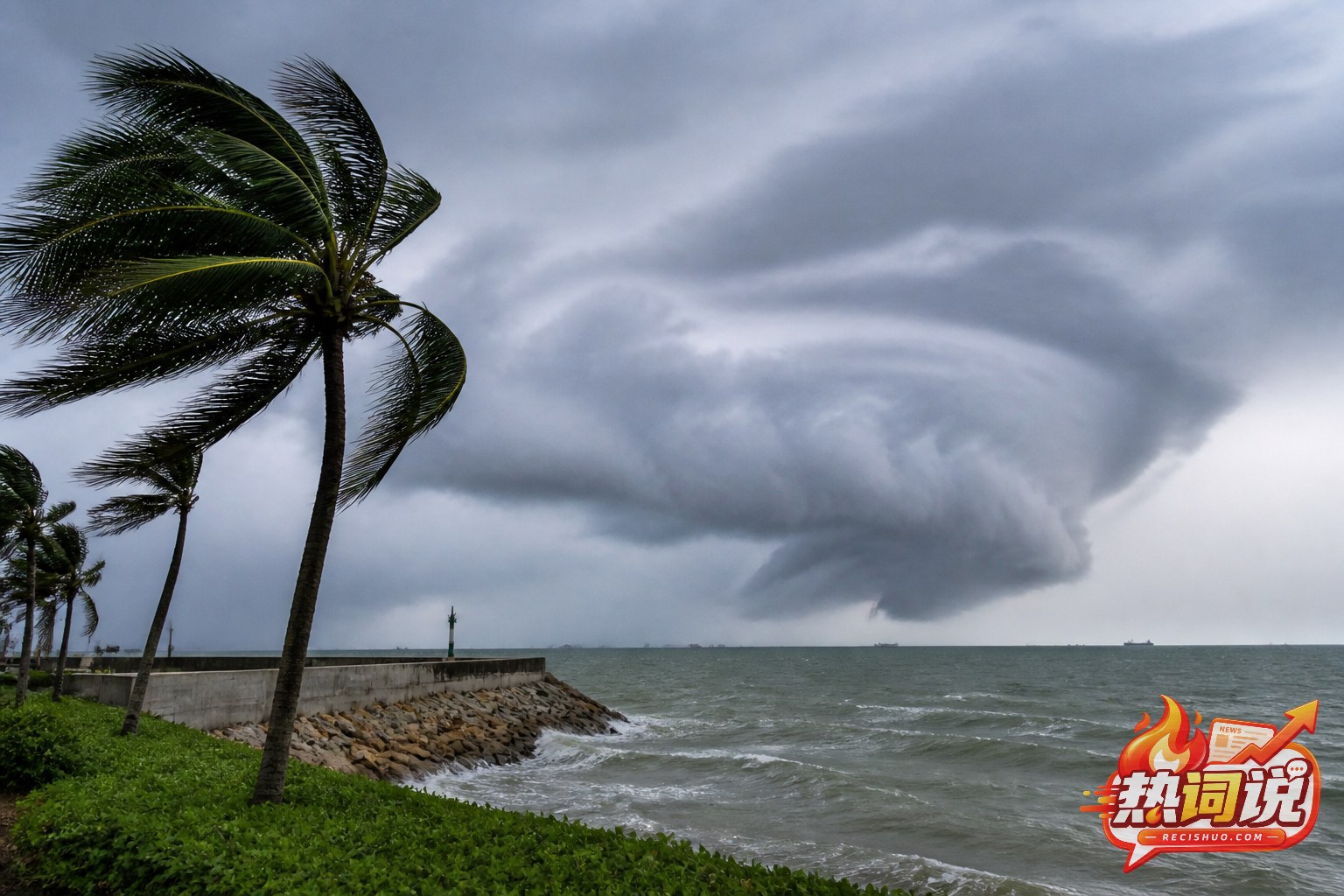 北部湾沿海风雨将至,厚重雨云笼罩海面并吹动岸边棕榈树