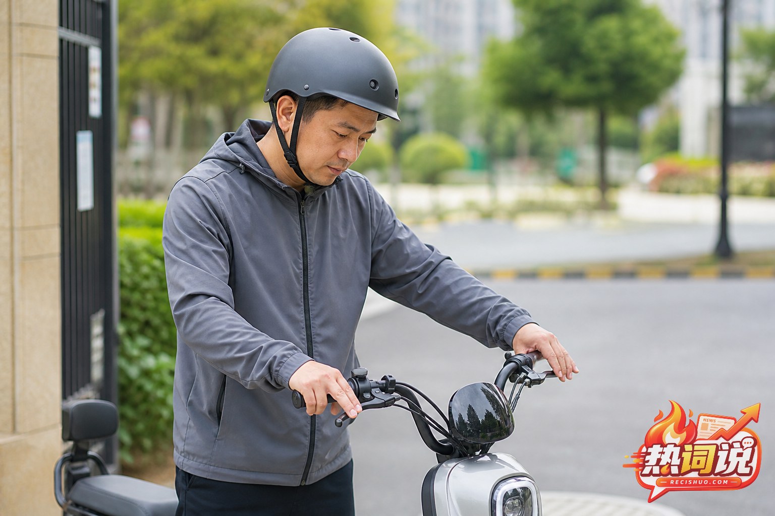 佩戴头盔的骑行者出发前检查电动自行车车把和刹车