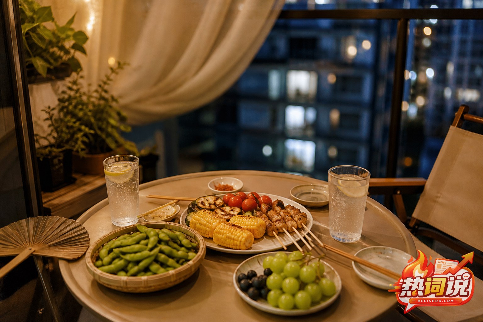 夏末家庭阳台上摆放烤玉米、蔬菜、毛豆和水果的两人份夜宵