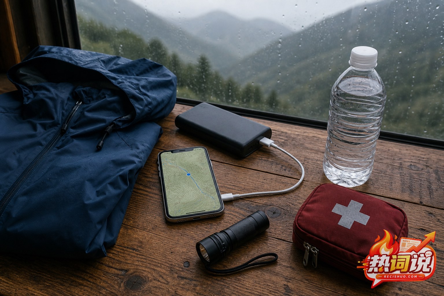 雨季山区出行所需的离线地图、充电设备、照明和急救物品