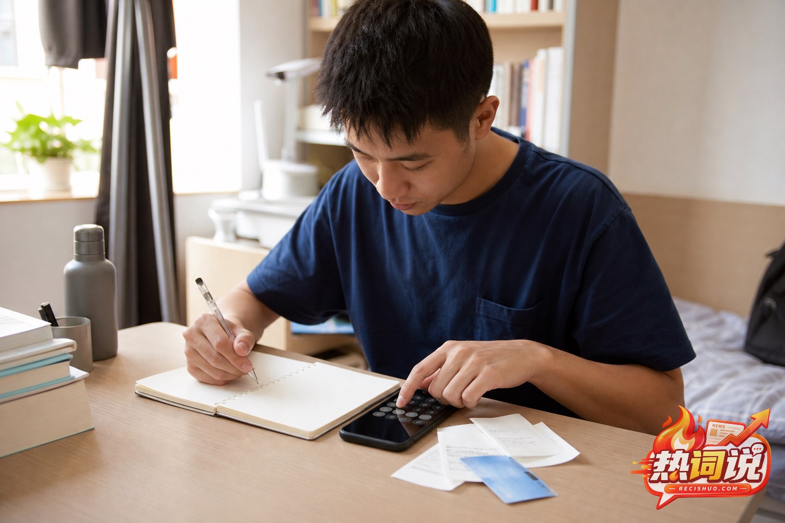 大学生在宿舍书桌前用手机计算器和记账本规划每月生活费