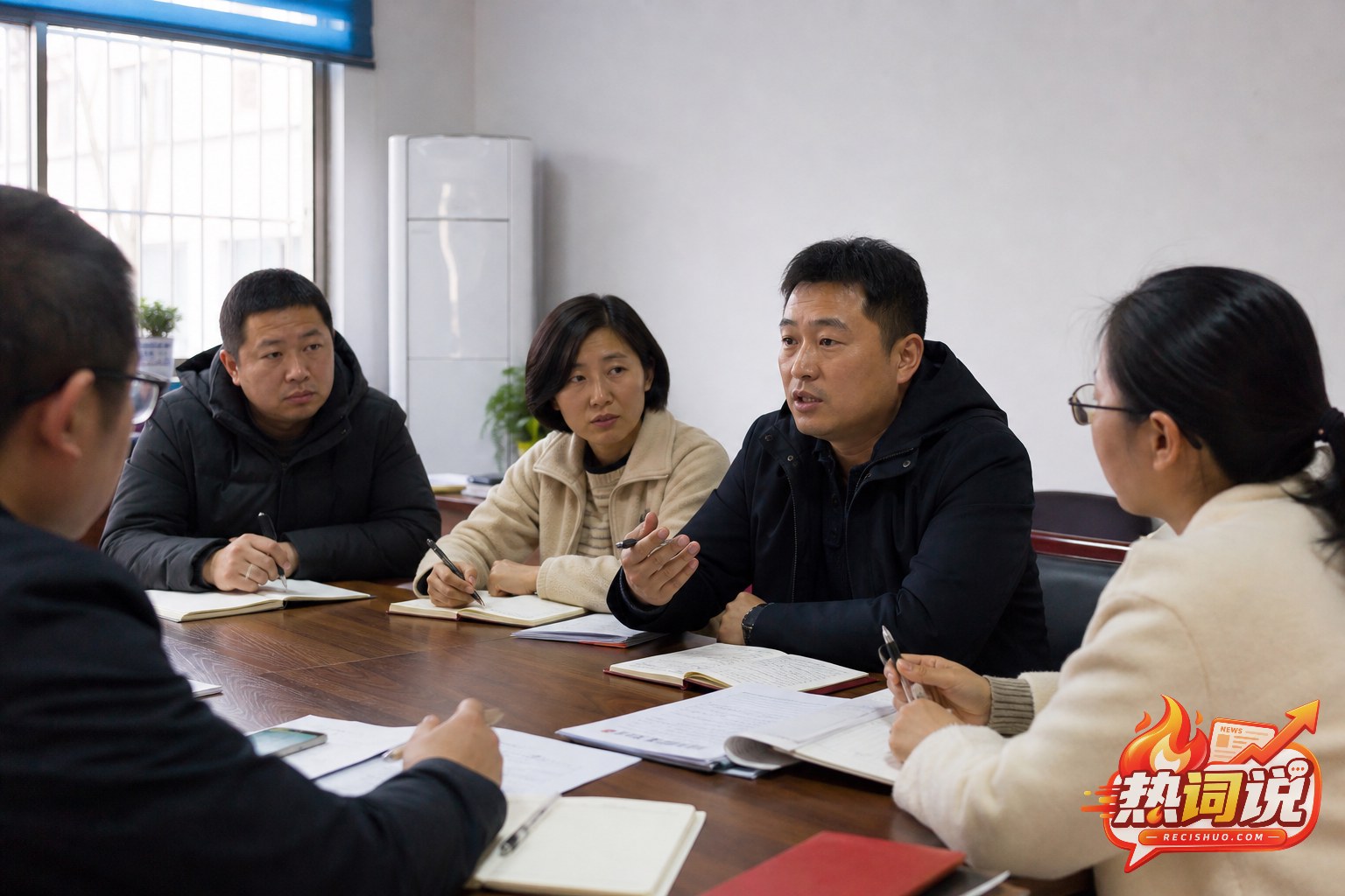基层工作人员在社区会议室围桌学习研讨并记录要点