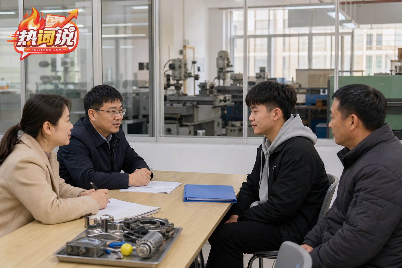 职业学校面试现场,学生与家长同两名教师交流,后方可见实训设备